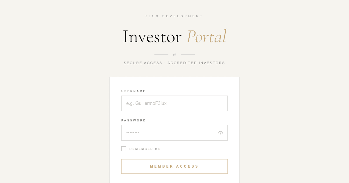 Pantalla de acceso del Portal del Inversionista de 3Lux Development