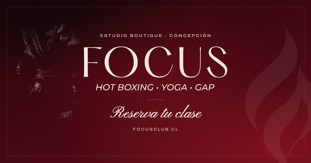 Focus, a boutique Hot Boxing, Yoga and GAP studio in Concepción, Chile, shown with boxing gloves and the brand’s flame on a burgundy background